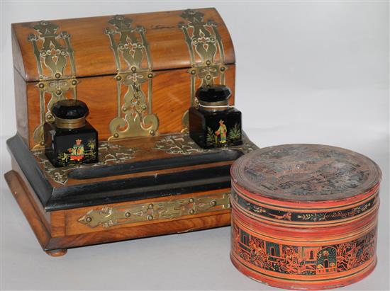 A brass mounted stationery and ink stand and a box